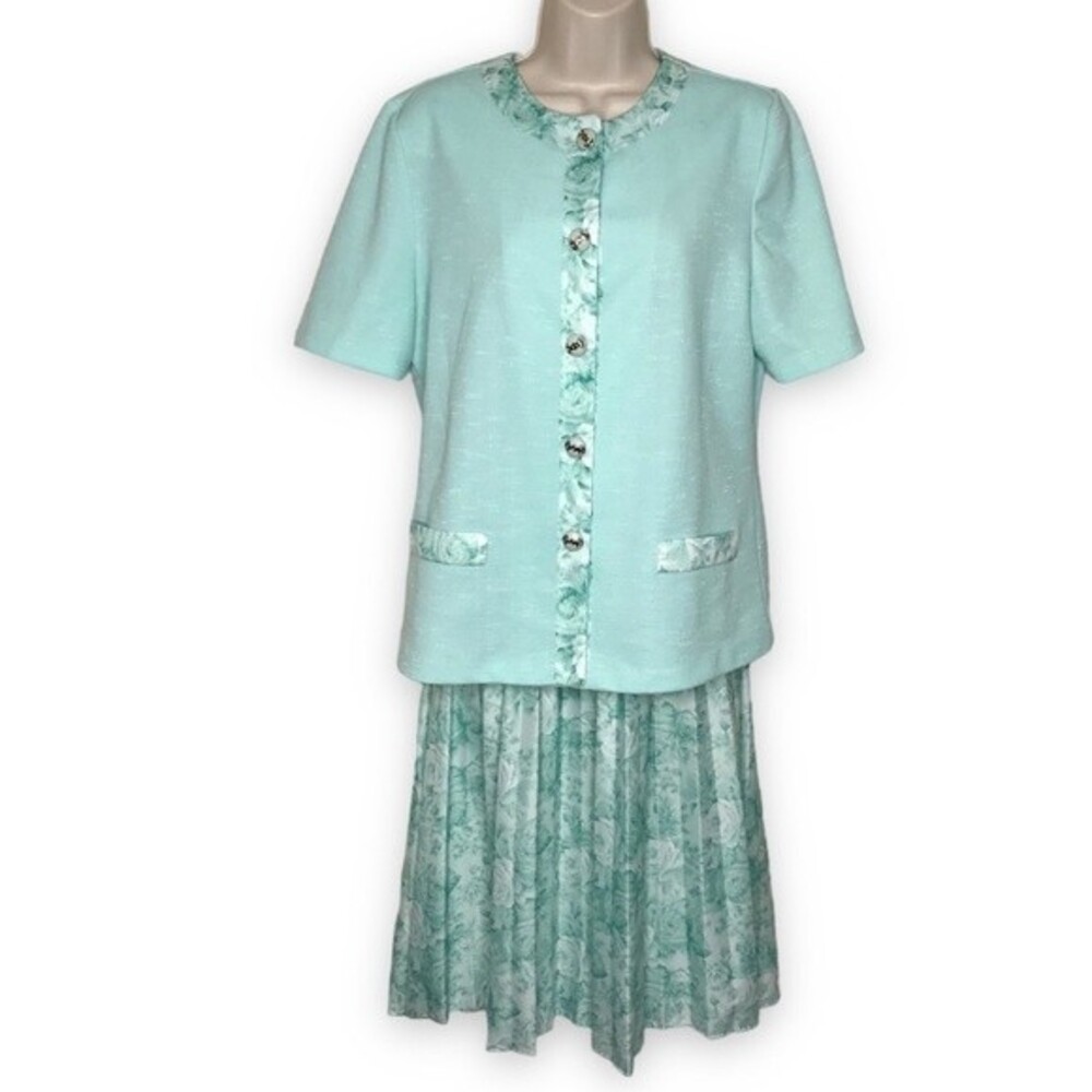 Vintage Pablo Collection Two Piece Skirt Jacket Top Mint Green Floral Women 12